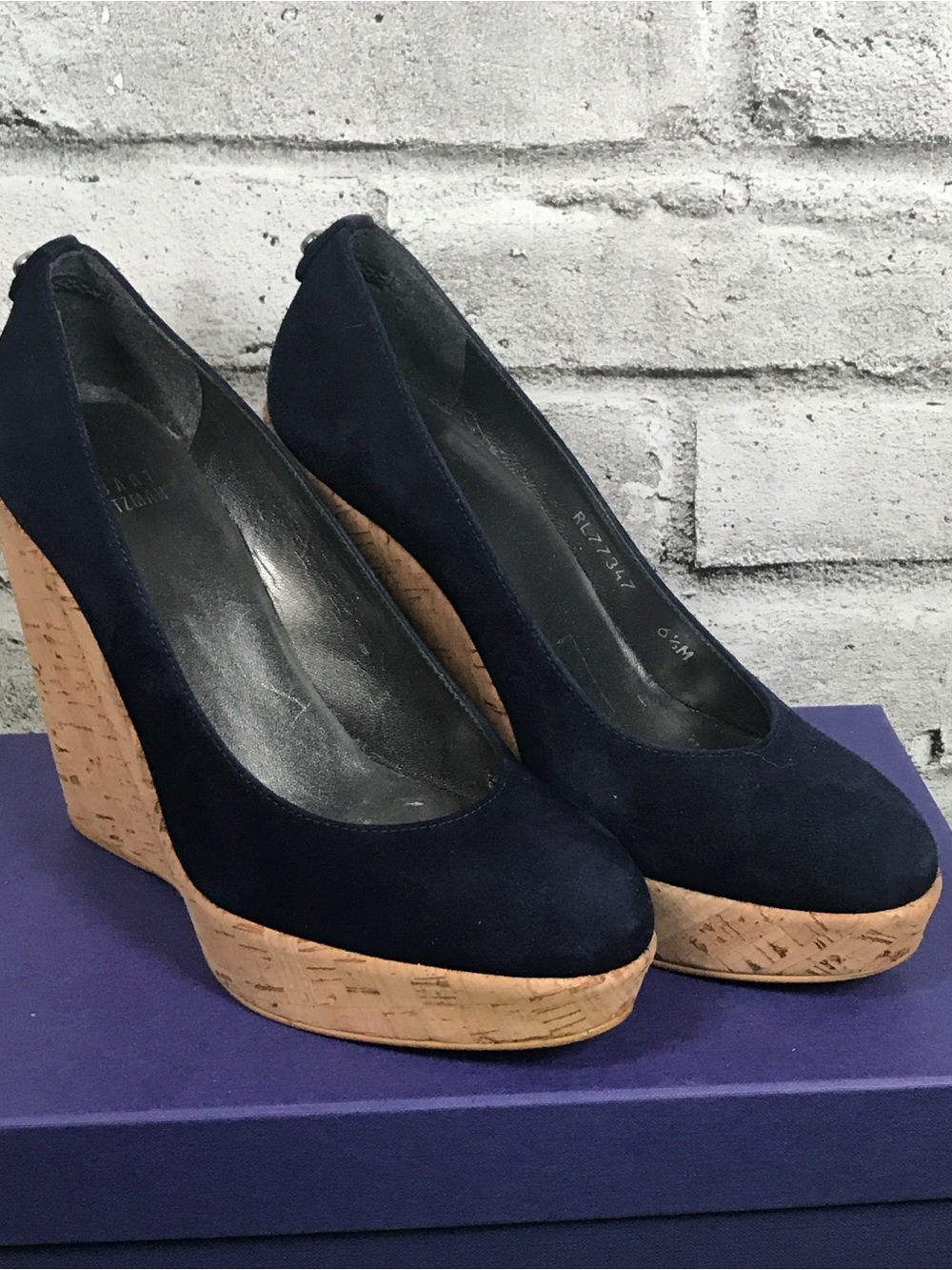 Stuart Weitzman Navy Suede Cork Wedge Pumps - Women